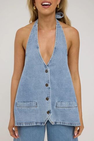 Kedera Women's Tie Up Denim Vest Button Down Backless Denim Tank Top V Neck Sexy Loose Fashion Cropped Vest in Kuwait