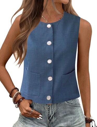 Rapbin Womens Vest Sleeveless Button Down Vest Tops Crew Neck Casual Dressy Waistcoat Business Outfits Suit Fashion in Saudi Arabia