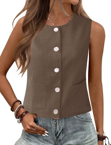 Rapbin Womens Vest Sleeveless Button Down Vest Tops Crew Neck Casual Dressy Waistcoat Business Outfits Suit Fashion in Saudi Arabia