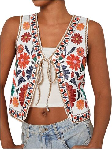 MakeMeChic Women's Floral V Neck Tank Top Sleeveless Tie Front Boho Vest in Saudi Arabia
