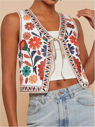 MakeMeChic Women's Floral V Neck Tank Top Sleeveless Tie Front Boho Vest in Saudi Arabia