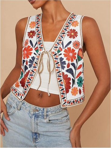 MakeMeChic Women's Floral V Neck Tank Top Sleeveless Tie Front Boho Vest in Saudi Arabia