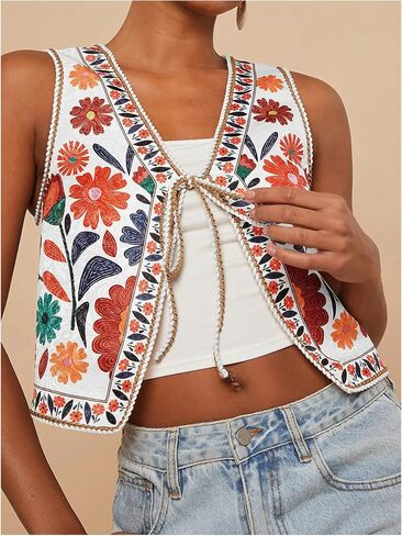 MakeMeChic Women's Floral V Neck Tank Top Sleeveless Tie Front Boho Vest in Saudi Arabia