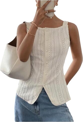 MakeMeChic Womens Vest Top Trendy Button Up Tank Tops Asymmetrical Y2k Going Out Top in Kuwait