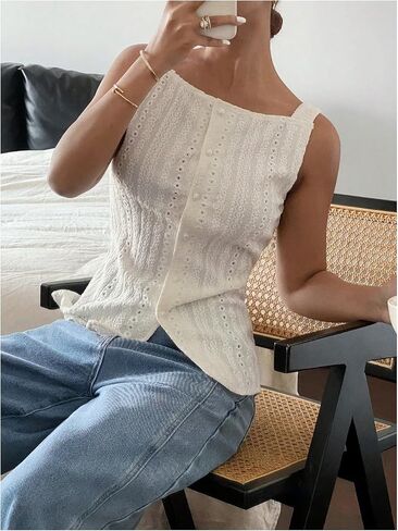 MakeMeChic Womens Vest Top Trendy Button Up Tank Tops Asymmetrical Y2k Going Out Top in Kuwait