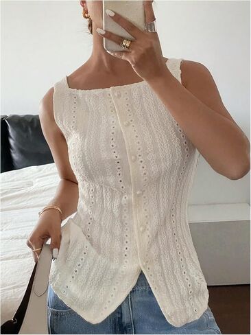 MakeMeChic Womens Vest Top Trendy Button Up Tank Tops Asymmetrical Y2k Going Out Top in Kuwait