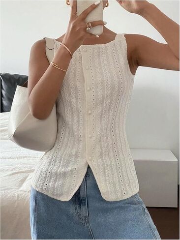 MakeMeChic Womens Vest Top Trendy Button Up Tank Tops Asymmetrical Y2k Going Out Top in Kuwait