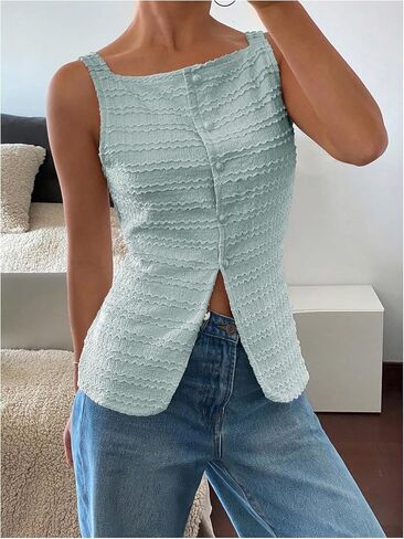 MakeMeChic Womens Vest Top Trendy Button Up Tank Tops Asymmetrical Y2k Going Out Top in Kuwait