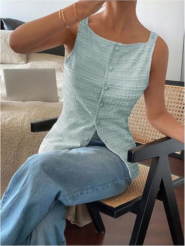 MakeMeChic Womens Vest Top Trendy Button Up Tank Tops Asymmetrical Y2k Going Out Top in Kuwait