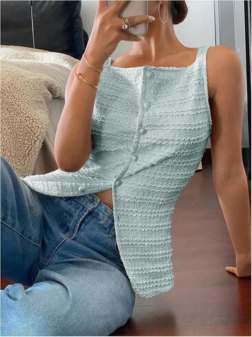 MakeMeChic Womens Vest Top Trendy Button Up Tank Tops Asymmetrical Y2k Going Out Top in Kuwait