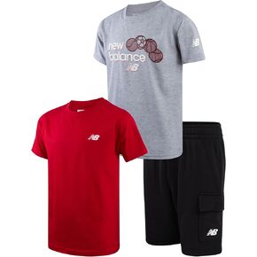 New Balance Boys Shorts Set - 3 Piece Short Sleeve Crewneck Logo Graphic Tee and Casual Fleece Shorts for Boys (Sizes: 8-12)
