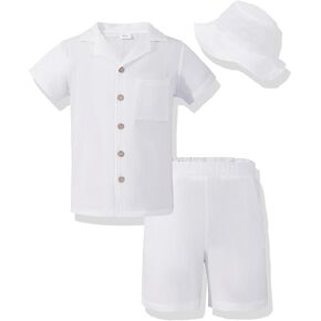 Boys Summer Clothes Linen Button Down Shirts And Short Set Big Kid Beach Vacation Short Sleeve Outfits With Hat