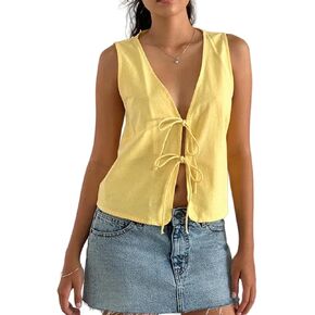 Tsultryofs Women's Vintage Bow Tie Front Vest Sleeveless Deep V Neck Tank Tops Y2K Summer Streetwear