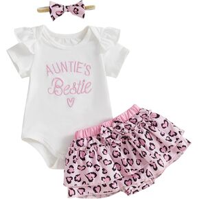 Aunties Bestie Baby Clothes Girl Aunt Saying Letter Ruffle Romper Shirt+Leopard Bloomer Short/Skirt Headband Outfit in Saudi Arabia