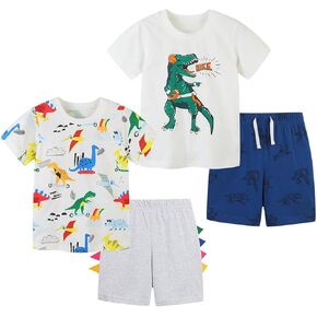 Toddler Boys Summer Clothes Set Dinosaur & Car Print Pure Cotton 4-Piece Outfit Short Sleeves Tees and Shorts 2-6Y