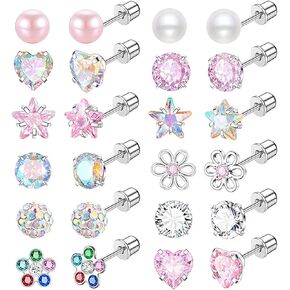 NEWITIN 12 Pairs Small Stud Earrings for Girls Hypoallergenic Earring Inlaid Cubic Zirconia Earring Surgical Stainless Studs Tiny Screw Back Cartilage Earrings for Women Girls