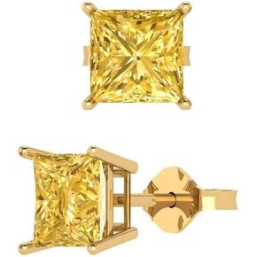 3.00ct Princess Cut Solitaire Classic Citrine stud Earrings 14k Yellow Gold Plated Push Back 925 silver