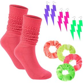 نساء نيون رهل الجوارب 80s/90s scrunch الركبة الجوارب عالية مع أقراط نيون و Scrunchies 80s التاسعينيات ملابس الحفلات
