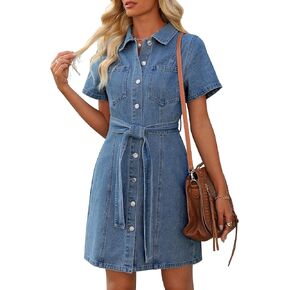 Women's Denim Dress Short Sleeve Jean Dress Button Down Babydoll Denim Shirt Dresses with Pocket 2025 Outfits