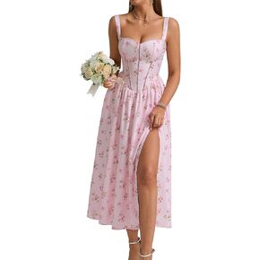 Kutumai Floral Corset Midi Dress Flowy Summer Spring Wedding Dresses for Women Sundress مع جيوب