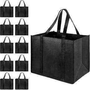 LADOROSIAN 10 Pack Active Occution Bactor Arsable Resulable ، يمكن أن يحمل حقيبة تسوق XL متينة مع مقبض 45+رطل ، مواقف مستقيمة وقابلة للطي وقابلة للغسل (أسود)