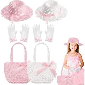 Zhanmai 6 Pcs Girls Tea Party Hats Accessories Set Kids Tea Party Bonnets Hats and Gloves Purses for Girls Dress up Favors