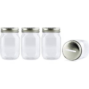 Cornucopia Brands Small Coin Bank Jars (4-Pack, Clear); 16oz Clear Plastic Mason Jar Coin Banks w/Gold Slotted Lids