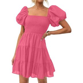 ZESICA Women's Boho 2025 Summer Square Neck Puff Sleeve Off Shoulder Smocked Tiered Casual A Line Short Mini Dress