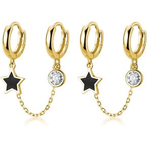 SLUYNZ Solid 925 Sterling Silver Black Star Double Hoop Earrings Chain for Women Teens CZ Double Piercing Earrings Huggie Earrings