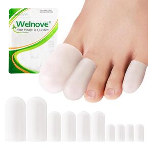 Welnove Toe Caps وحماة إصبع القدم - 10 حزمة من أحواض إصبع أخمص القدمين من السيليكون - وسائد إصبع القدم لتخفيف الألم ، وحماية إصبع القدم للذرة ، والكسيح (متعدد الحجم ، واضحة)