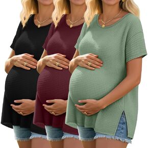 Neer 3 Pack Women's Waffle Maternity Shirts, Drop Shoulder Short Sleeve Split Side Pregnancy Tops Crewneck Loose Basic Tee