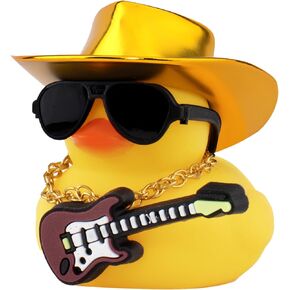 Wonuu Rubber Duck Car Ornaments Guitar Duck Dashboard Decorations with Cowboy Laser Hat Necklace and Sunglasses, Blue
