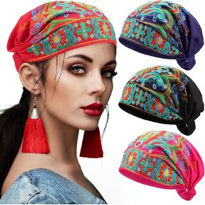 4 Pcs Women Ethnic Style Head Wrap Beanie Caps Vintage Embroidery Flowers Bandanas for Women, Red Black Blue Pink