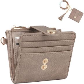 Small Wristlet Wallets for Women Keychain Wristlet Wallet RFID Blocking Key Chain Wallet With Zipper Coin Pocket,2 Id Window(Beige＆Brown)