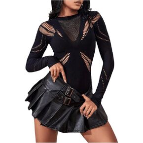 Women's Sexy Cut Out Bodysuits Mesh Sheer Hollow Out Bodysuit Long Sleeve Ripped Slim Fit Shirt Party Rave Tops