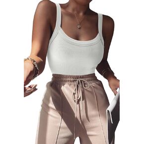 REORIA Women's Seamless Ribbed Bodysuit Sleeveless Waist Control Stretchy Thong Back Tank Top for Casual Workout