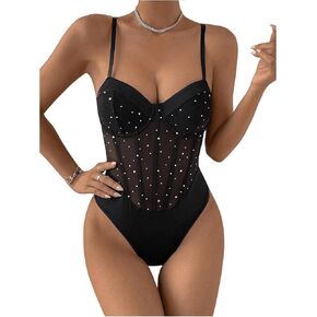 SweatyRocks Women's Corset Bodysuit Mesh Sheer Sleeveless Cami Jumpsuit Shirts Tops