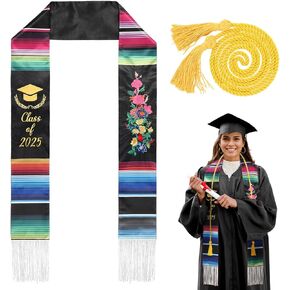 Embroidery Mexican Graduation Stole Class of 2025,Mexican Graduation Sash with Gold Honor Cord for Mexican Graduates