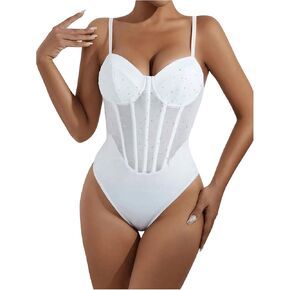 SweatyRocks Women's Corset Bodysuit Mesh Sheer Sleeveless Cami Jumpsuit Shirts Tops in Kuwait
