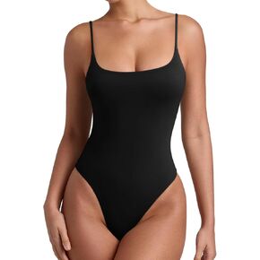REORIA Women Sexy Cami Square Neck Thong Bodysuit Backless Spaghetti Strap Tank Top