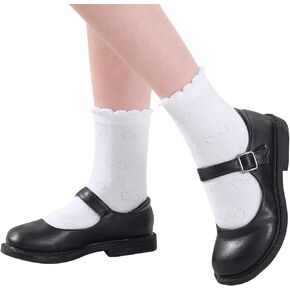 6 Pairs Girls White Socks Soft Cotton Ruffle Sock School Uniform Dress Socks Size 5-12 Years