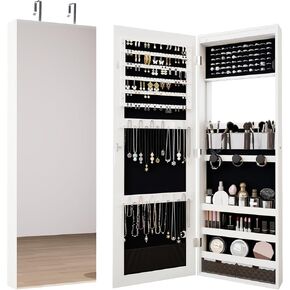 Mirror Jewelry Cabinet,Lockable Wall or Door Mounted Jewelry Armoire Organizer With Built-up Mirror,LED Lights, Drawers,Cosmetic Trays,Shelves, 14.4"x3.15"x 43.1"（White）