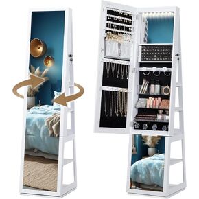 16 LEDs Jewelry Cabinet Armoire, 61.5" H Standing Jewelry Organizer with 360° Rotating Base, Lockable Full-length Mirror, 4-tier Storage Shelves, 4-in-1 design, White and Black JC15903B