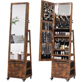 Rotating Jewelry Cabinet with Vanity Mirror,Full Length Mirror with Storage Jewelry Armoire Lockable Jewelry Organizer Standing Mirror with Drawers Wheels Christmas Gift for Girl Rustic Brown