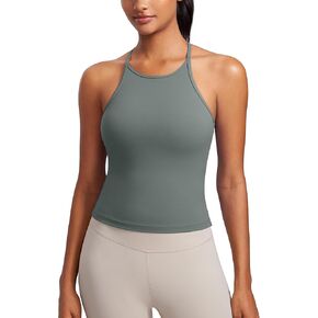 CRZ YOGA Butterluxe Womens Y Back Workout Crop Tank Top with Built in Shelf Bra - Padded Halter High Neck Yoga Camisole
