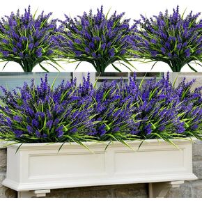 Geegoods 48 Bundles Artificial Plants Flowers Outdoor – Faux Lavender Flowers with Monkey Grass UV Resistant Plastic Faux Plants for Garden Porch Window Patio Hanging Planter Home Decor