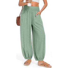 TARSE Womens Linen Wide Leg Pants Casual Loose Elastic Waisted Barrel Beach Palazzo Pants with Pockets in Kuwait
