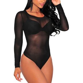 SEBOWEL Women Long Sleeves Mesh See Through Jumpsuit Bodysuit Top Leotard