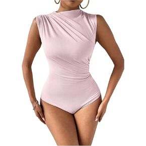 Milumia Women's Ruched Tank Top Sleeveless Mock Neck Bodysuit Fitted Jumpsuit Tops