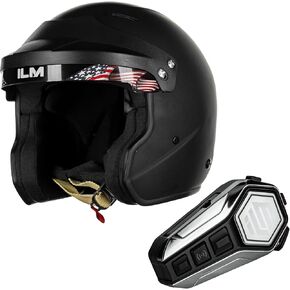 Open Face Auto Racing Helmets Lightweight Fiberglass Helmet Model R85 (L, MatteBlack) and Bluetooth Headset with Hi-Fi System